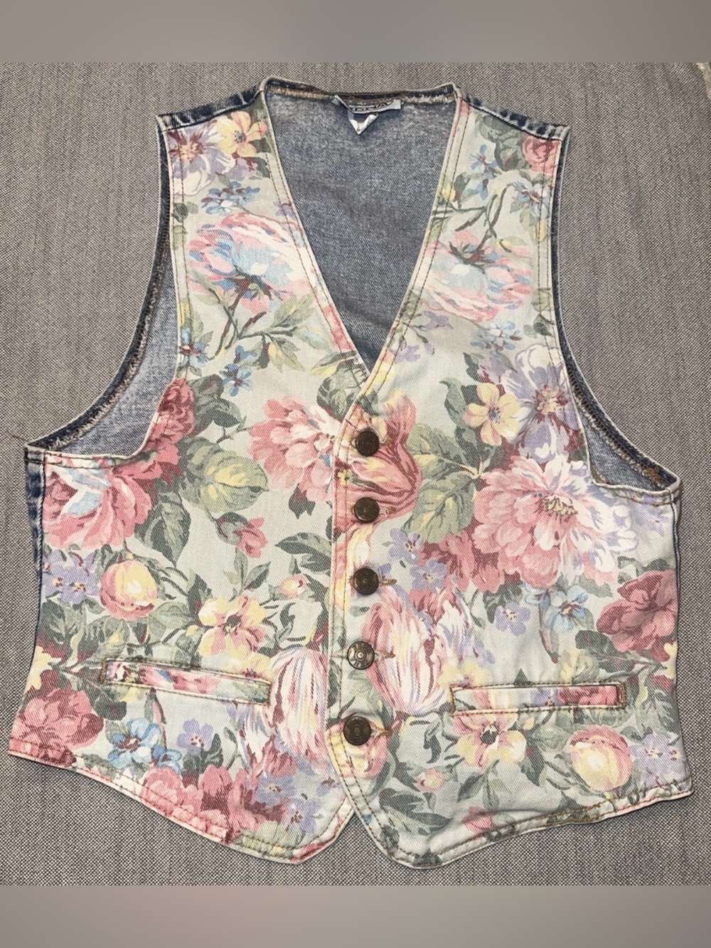 Vintage Zena Floral Acid Wash Denim Blue Jean Vest Medium Womens Cottagecore 80s
